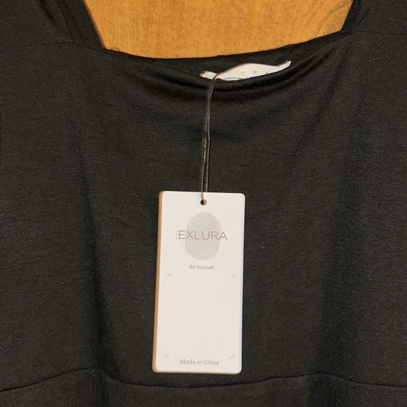 NWT EXLURA Black Square Long Sleeve Bodycon Midi Dress Split Front with Belt - Picture 5 of 9